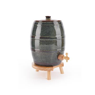 Vinaigrier Tonneau en Grès à l’Ancienne - Couleur Grès 5 litres avec son Tabouret en Bois