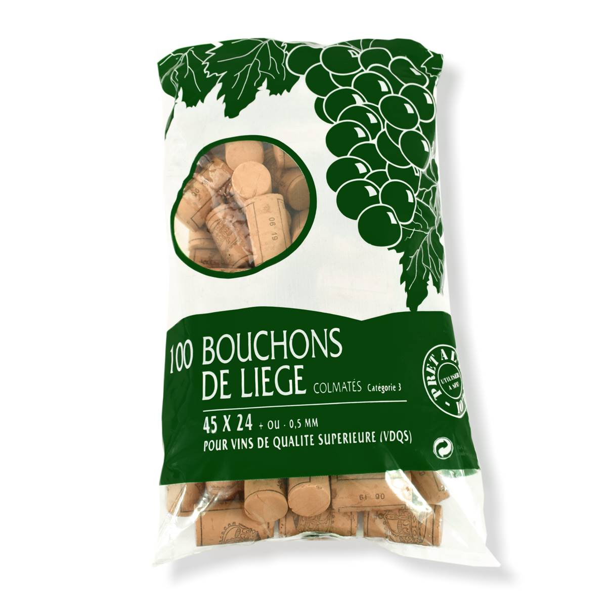 Sachet de 100 Bouchons en liège 45 x 24 mm - Liège Colmaté cat.3 - pour les Vins de Qualité Supérieure