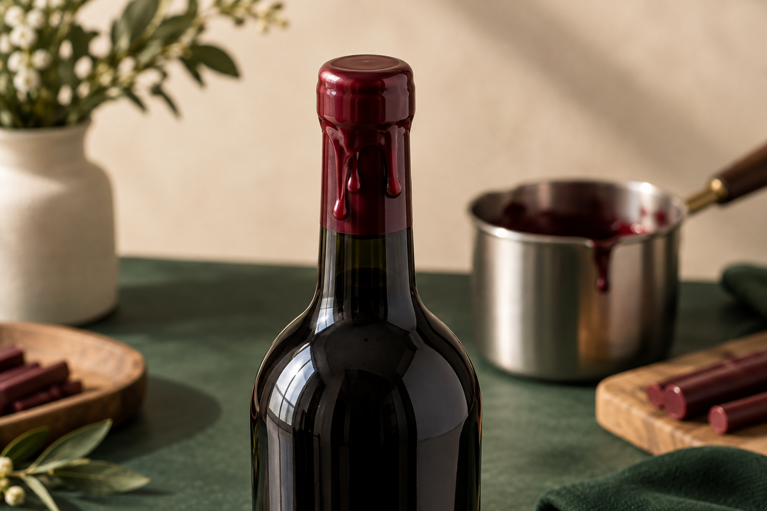 Cachetage du goulot d’une bouteille avec de la cire