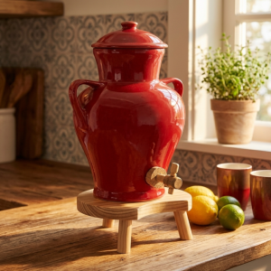 Vinaigrier Rouge en Gr�s Naturel - 2,5 litres avec son Tabouret en Bois