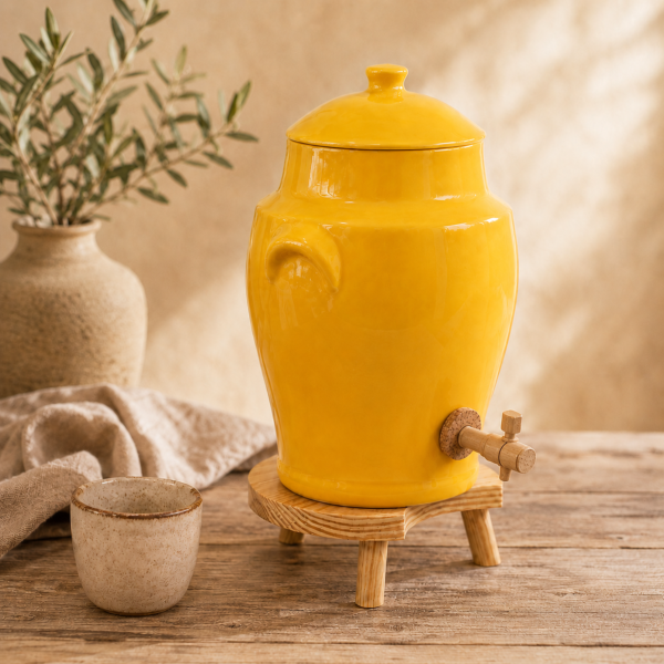 Vinaigrier Jaune Safran en Grès - 4 litres avec son Tabouret en Bois