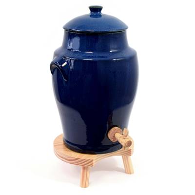 Vinaigrier Bleu Provence en Grès - 4 litres avec son Tabouret en Bois