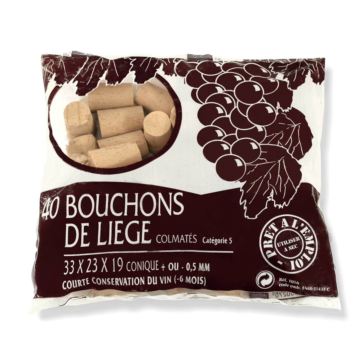 Sachet de 40 Bouchons en liège conique 33 x 23 x 19 mm - Liège Colmaté cat.5 - pour Courte Conservation du Vin