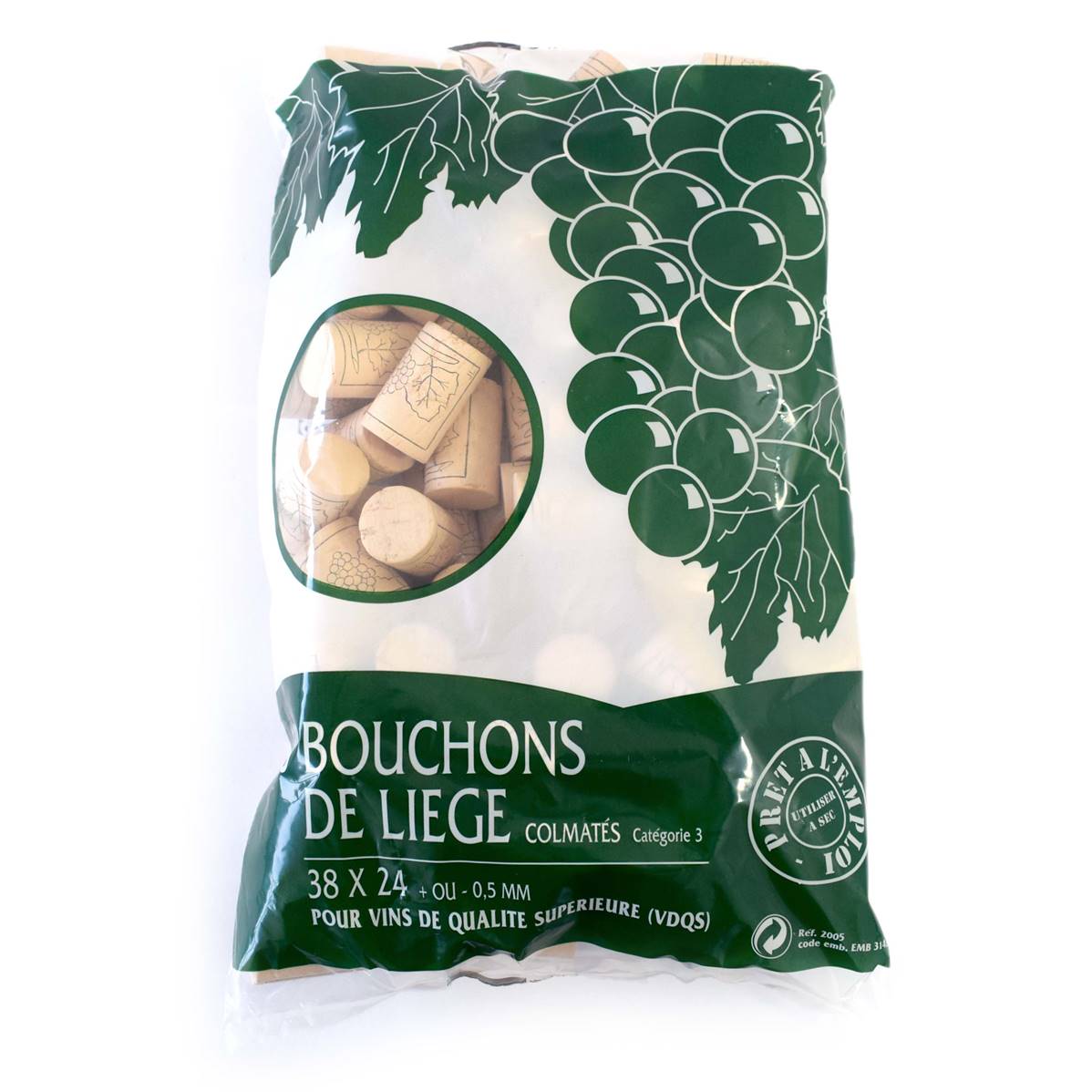 Sachet de 100 Bouchons en liège 38 x 24 mm - Liège Colmaté cat.3 - pour les Vins de Qualité Supérieure