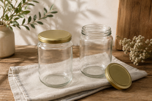 Pack de 6 pots en verre cylindriques 750 ml (750 g) � couvercles dor�s TO82