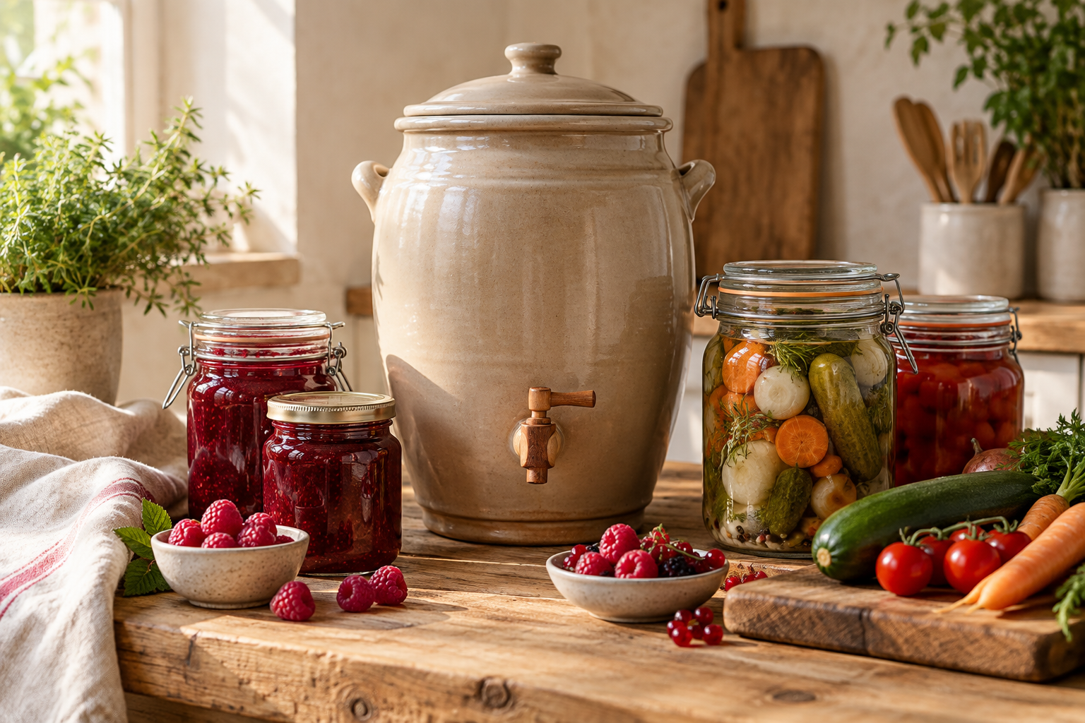 Vinaigrier en gr�s, confitures et conserves maison en bocaux