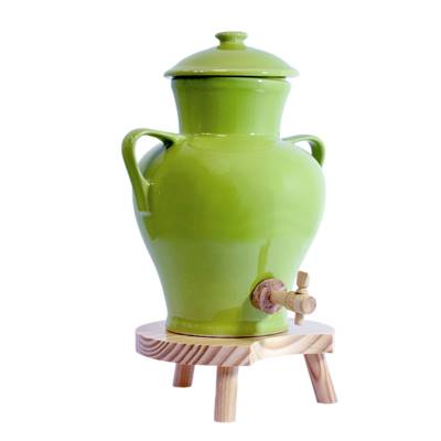 Vinaigrier Vert Grès Naturel - 2,5L - Tabouret en Bois