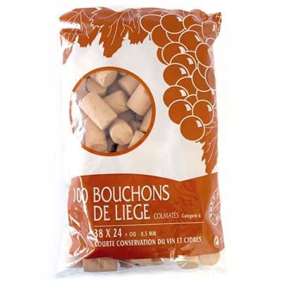 Sachet de 100 Bouchons en liège 38 x 24 mm - Liège Colmaté cat.6 - pour Courte Conservation du Vin