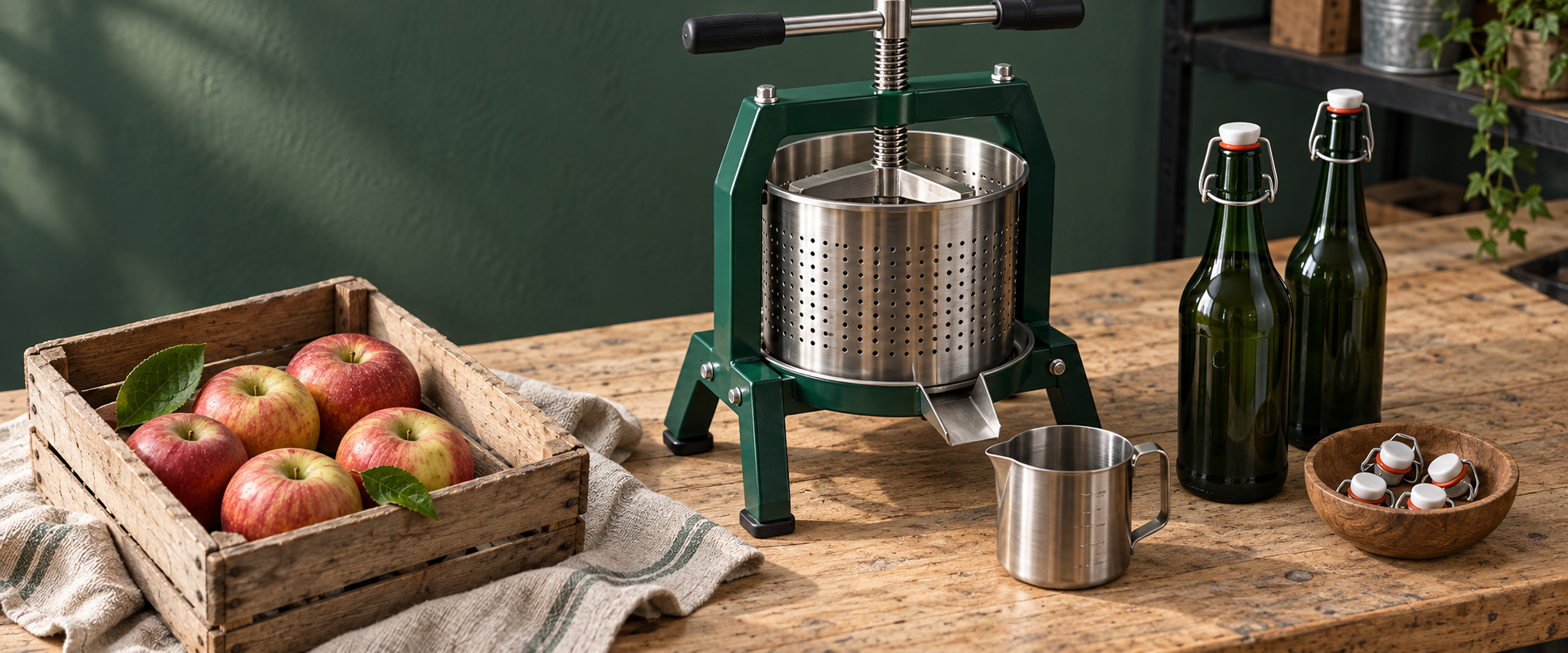Pommes, pressoir inox, bouteilles et bouchons m�caniques pour fabriquer du cidre maison