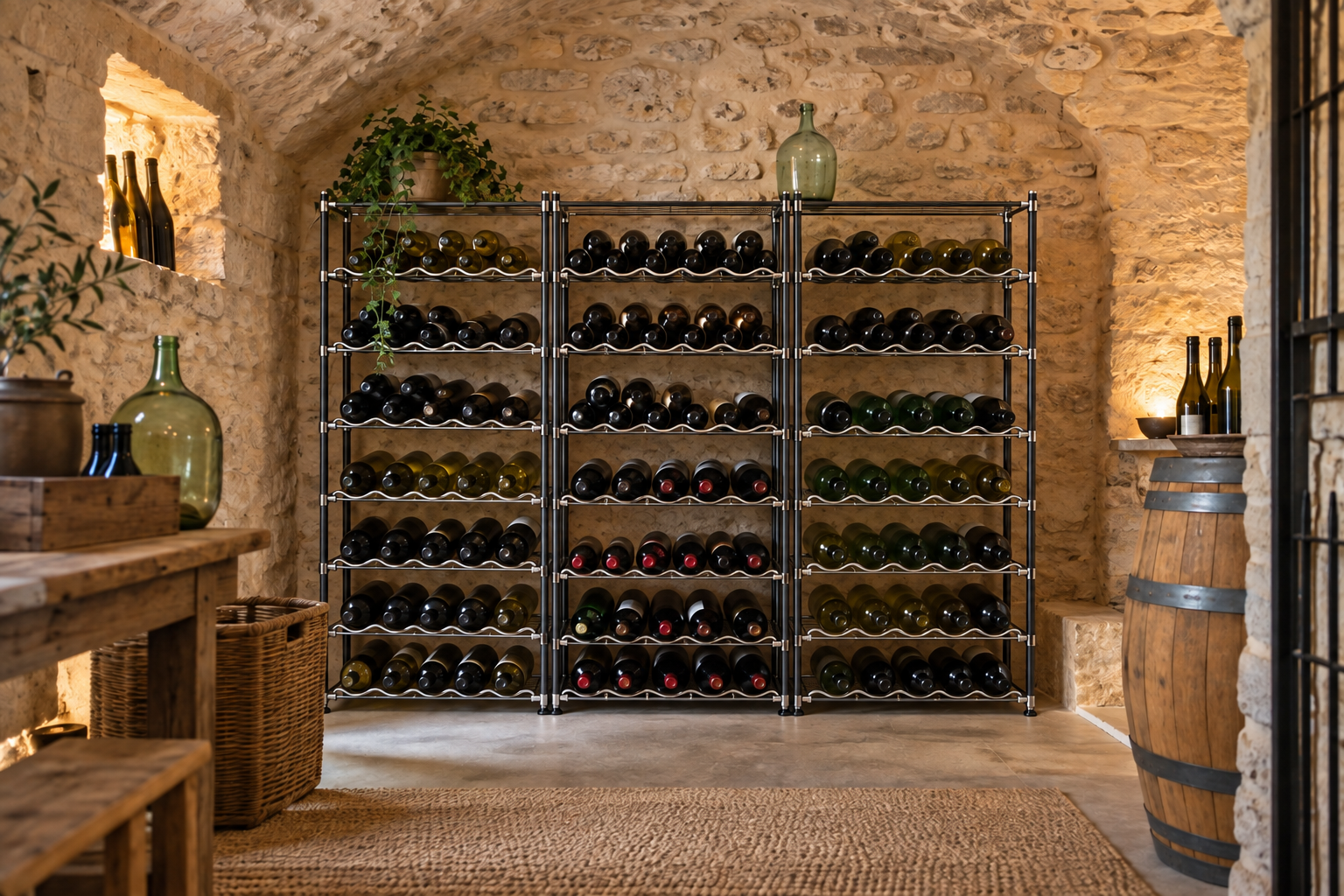 Casiers range-bouteilles m�talliques dans une cave en pierre