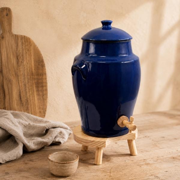 Vinaigrier Bleu Provence en Grès - 4 litres avec son Tabouret en Bois