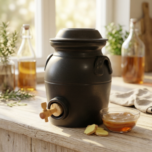 Vinaigrier Gris Anthracite en Gr�s - 3,5 litres avec son Tabouret en Bois