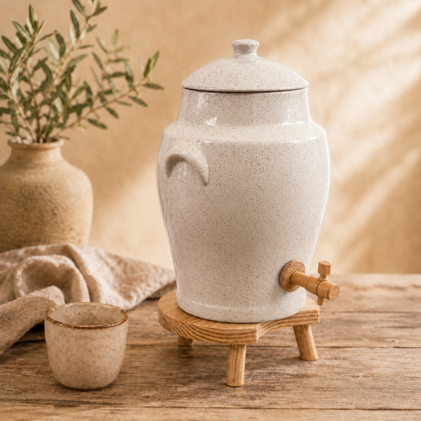 Vinaigrier en Grès Naturel - 4 litres avec son Tabouret en Bois